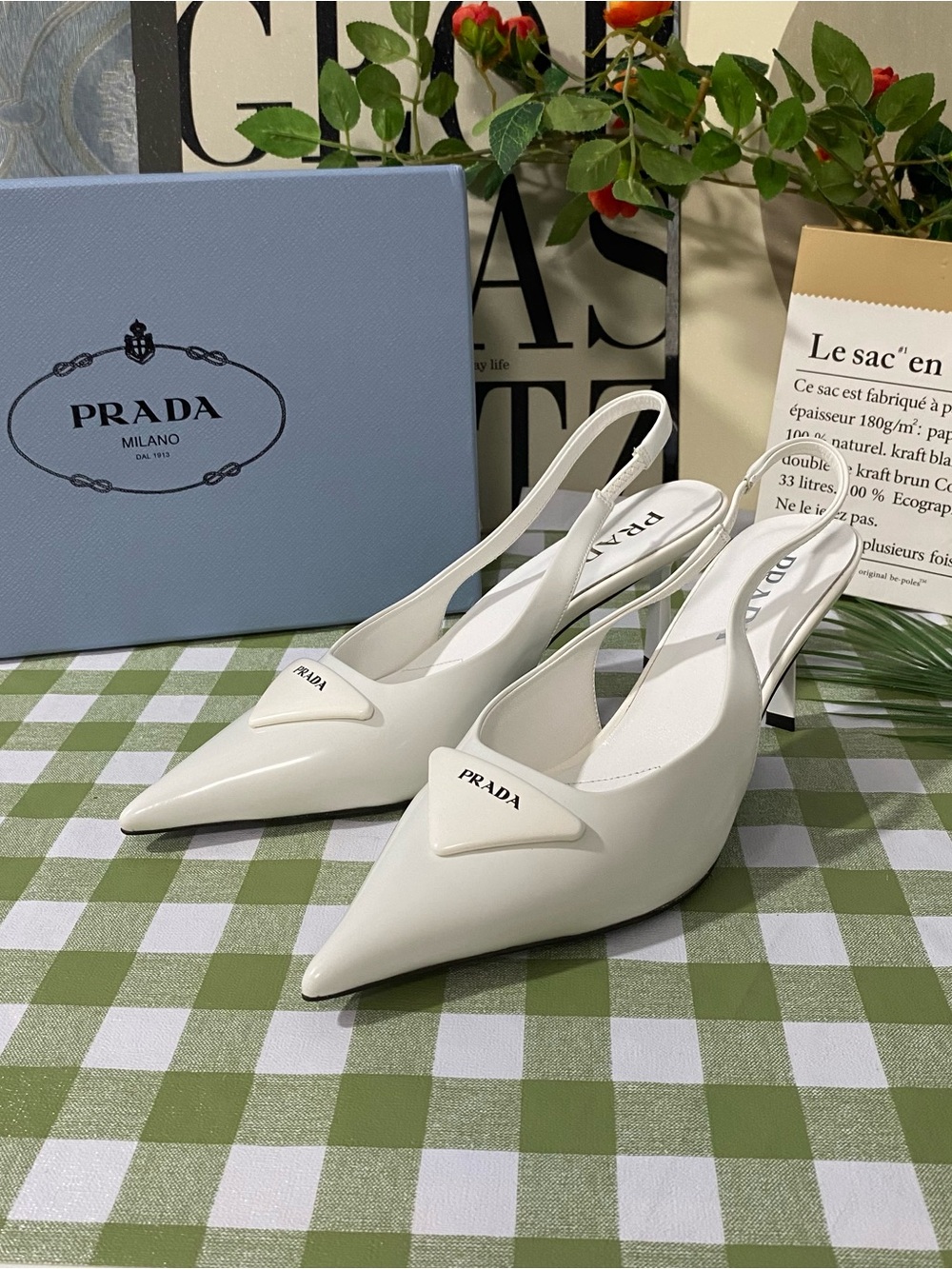 Prada White Pointed Slingback Pumps with Logo Accent